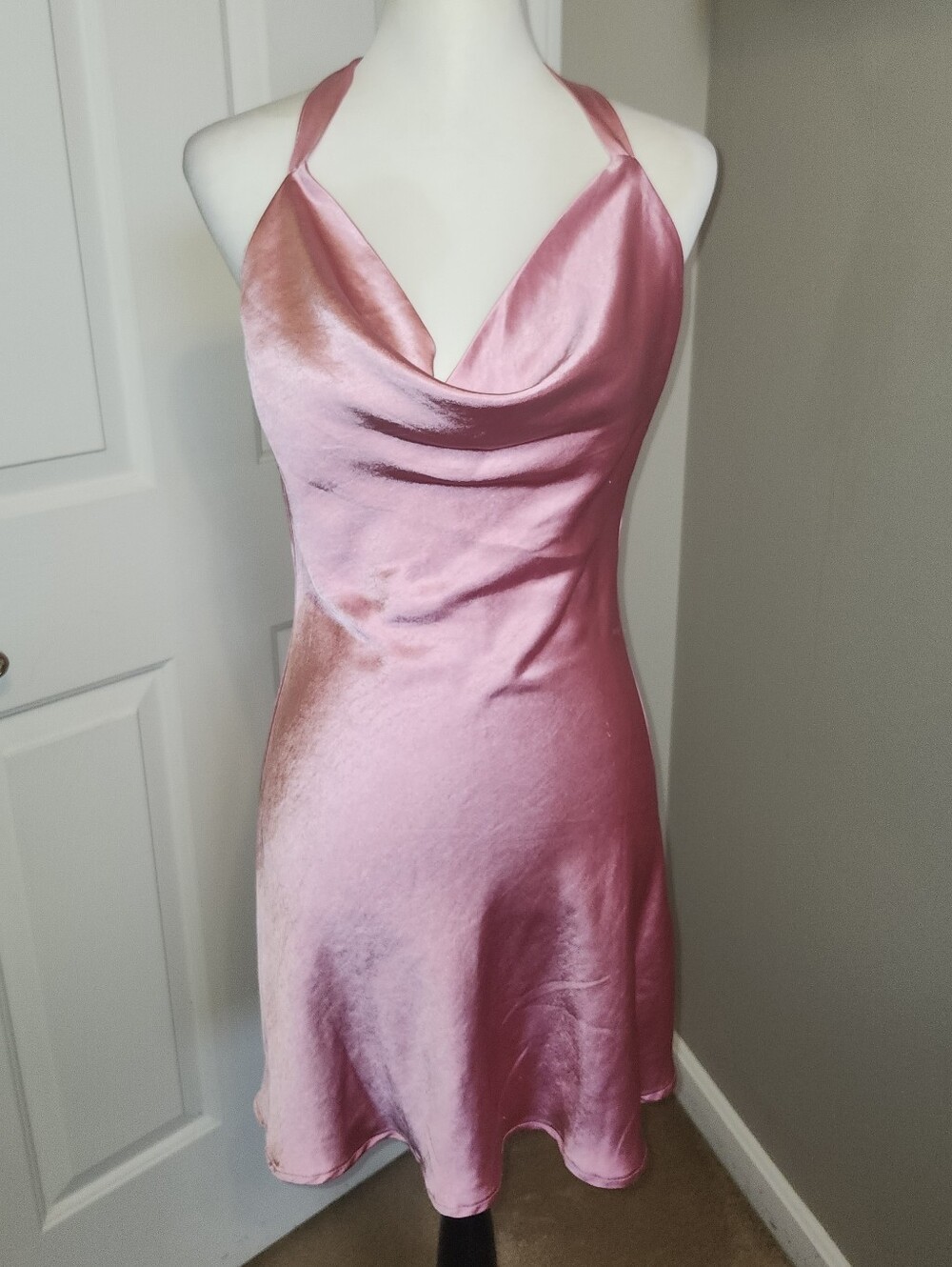 Altar'd State Pink Satin Cowl Neck W/ Tie Back Fit & Flare Mini Dress, XS - Picture 3 of 10